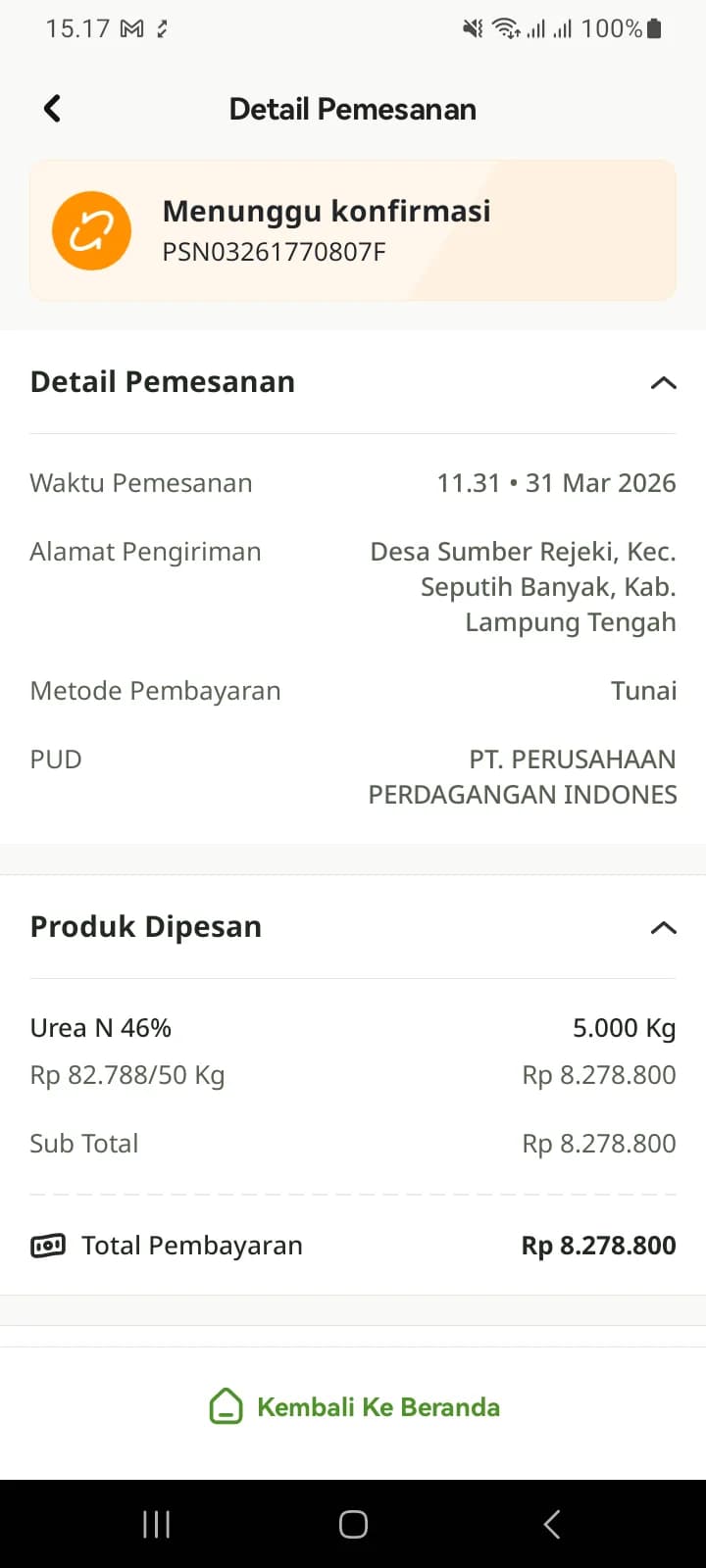 Detail pesanan berstatus Menunggu konfirmasi dengan metode pembayaran Tunai dan nama PUD