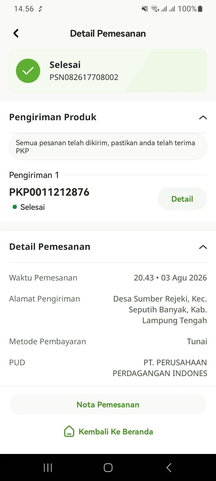 Detail pesanan berstatus Selesai dengan satu PKP berstatus Selesai