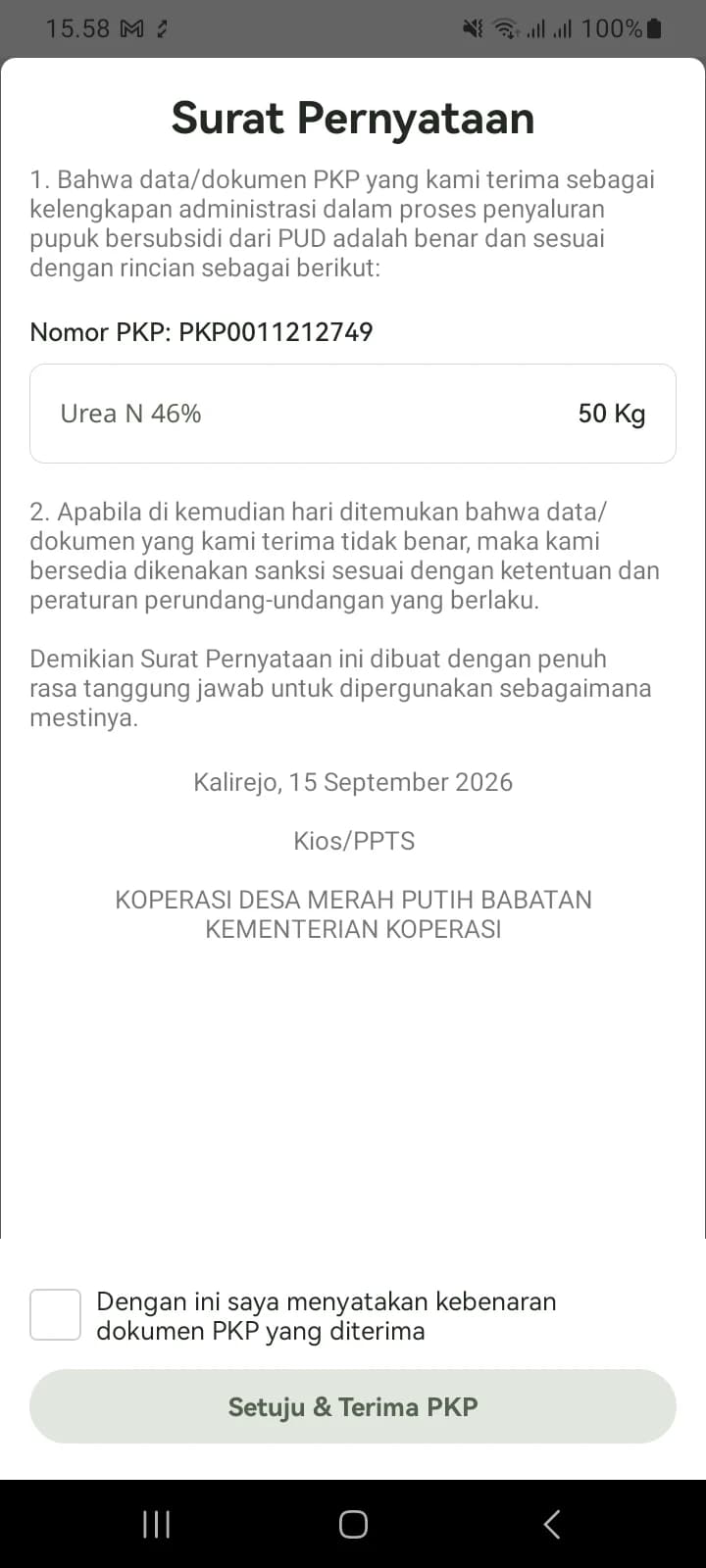Surat Pernyataan penerimaan PKP dengan nomor PKP, produk, kotak centang pernyataan, dan tombol Setuju & Terima PKP