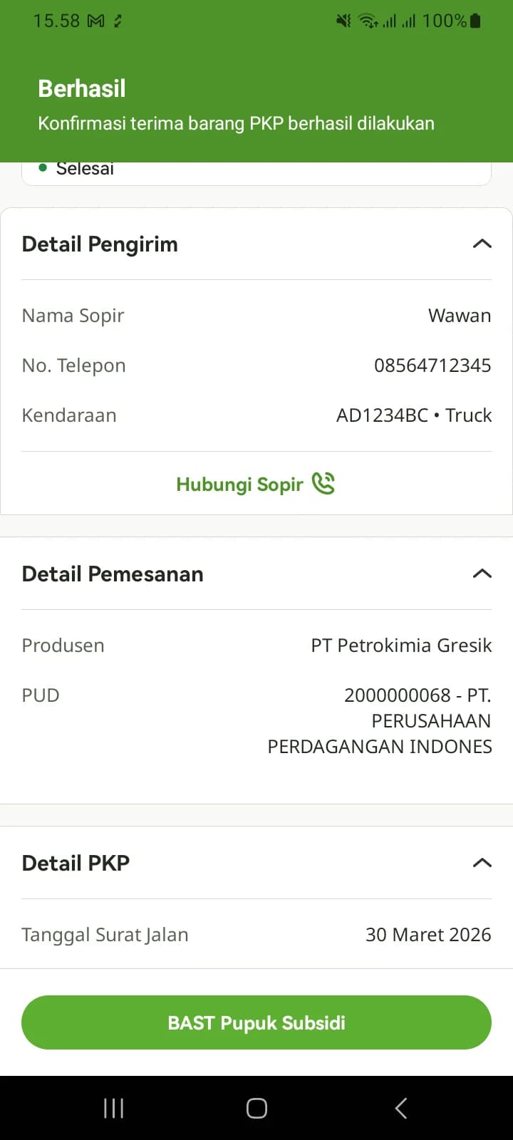 Notifikasi Berhasil konfirmasi terima barang PKP di atas Detail Pengiriman yang kini berstatus Selesai