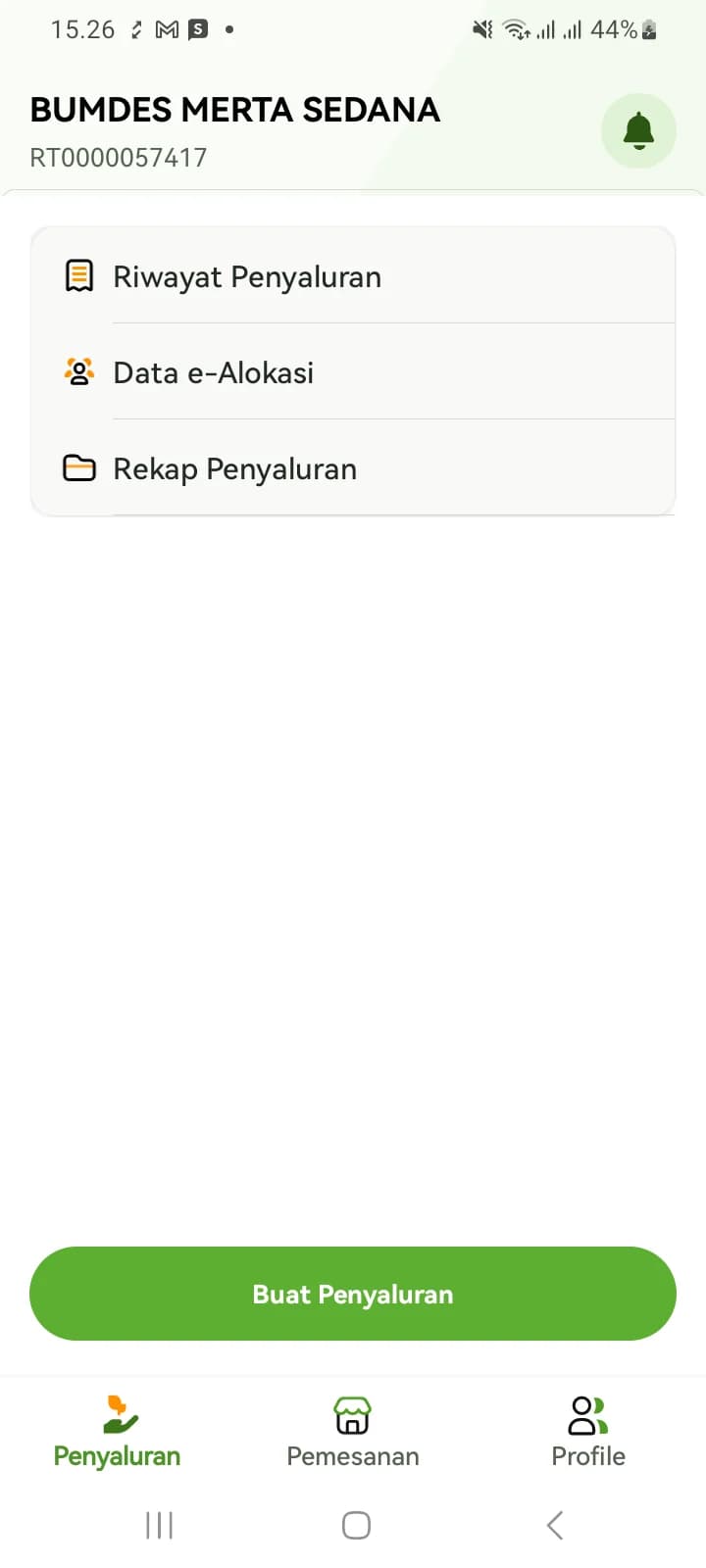 Tab Penyaluran di aplikasi iPubers: menu Riwayat Penyaluran, Data e-Alokasi, dan Rekap Penyaluran, serta tombol Buat Penyaluran.