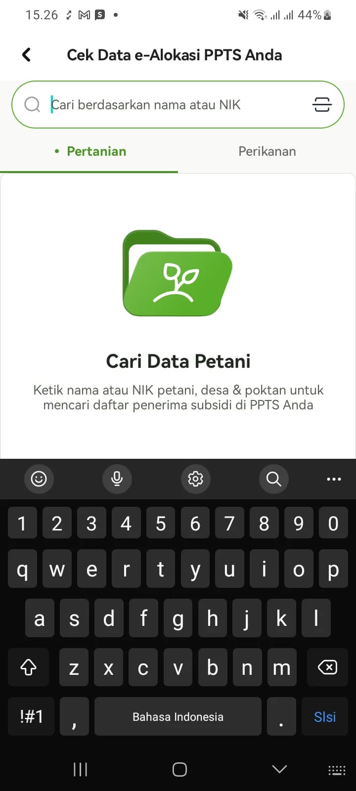 Layar Cek Data e-Alokasi PPTS Anda dengan kolom pencarian nama atau NIK petani.