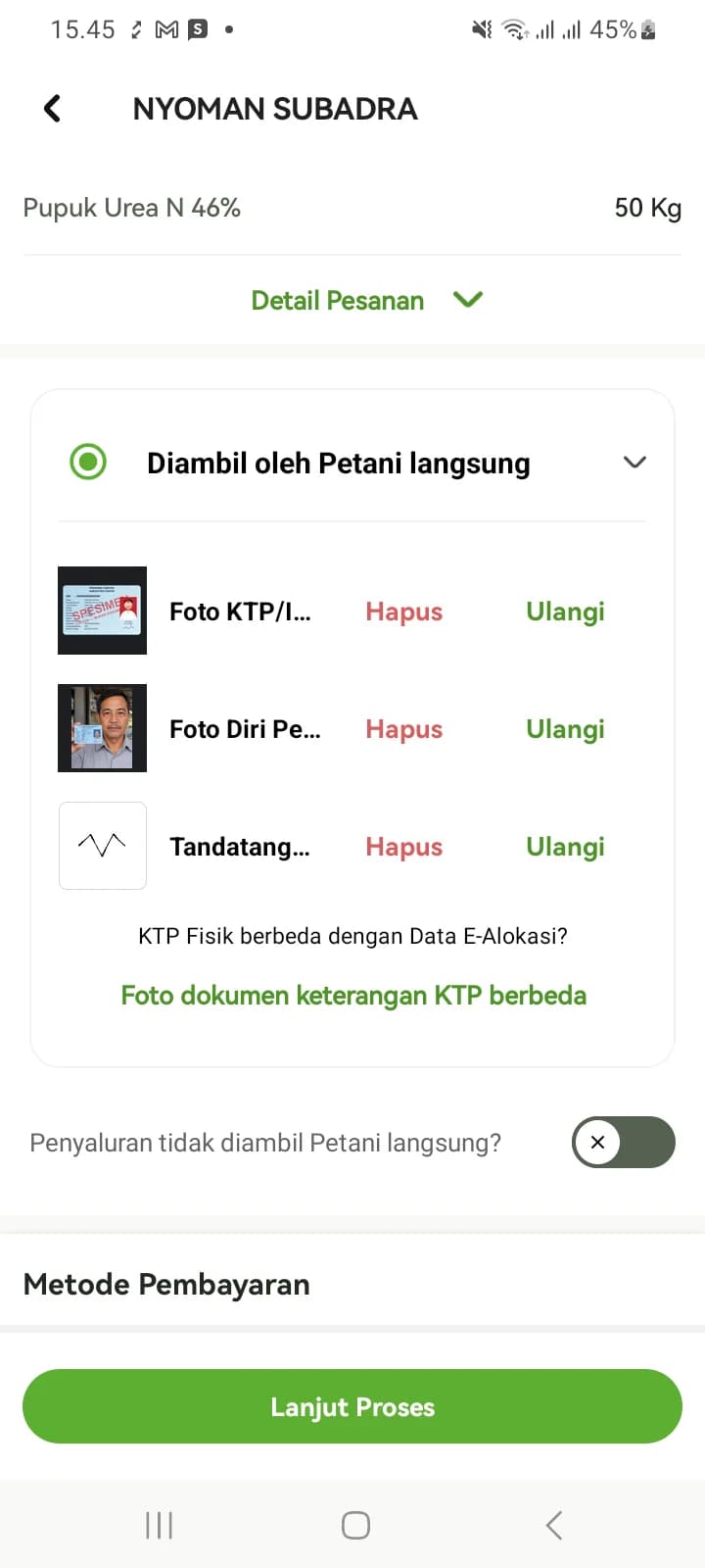 Tiga dokumen wajib sudah terisi: Foto KTP/IKD, Foto Diri Petani, dan Tandatangan Petani.
