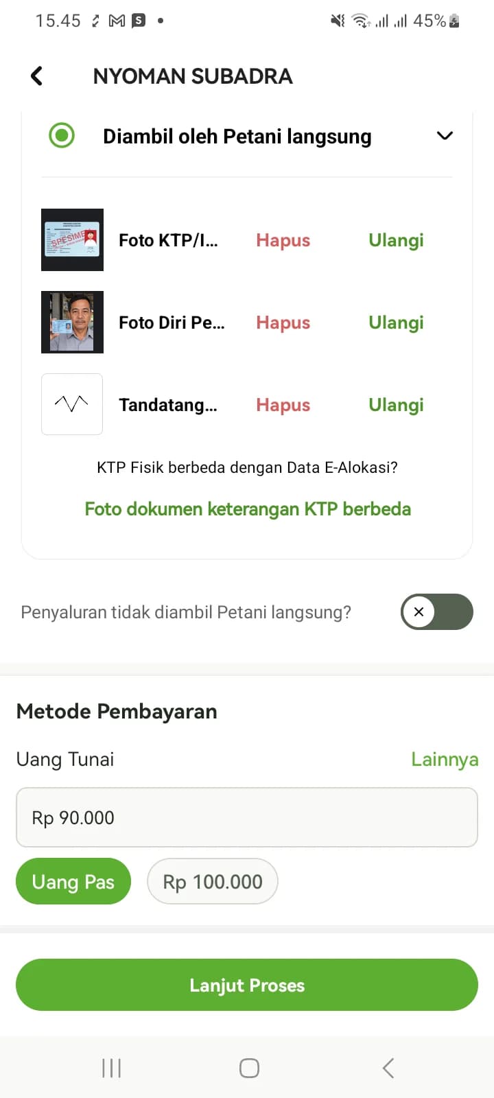 Bagian Metode Pembayaran: Uang Tunai dengan pilihan Uang Pas atau nominal lain.