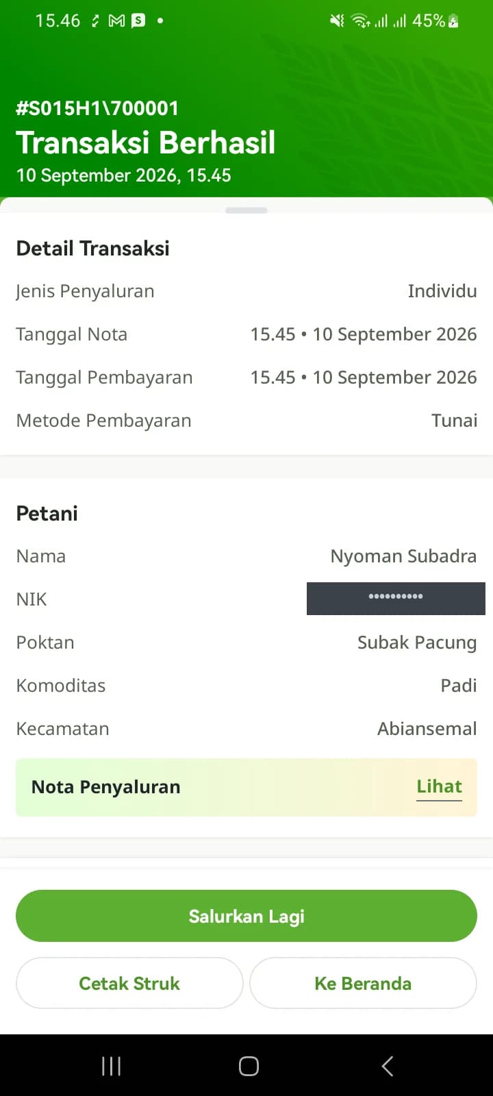 Layar Transaksi Berhasil dengan nomor nota, detail transaksi, data petani, dan tombol Cetak Struk.