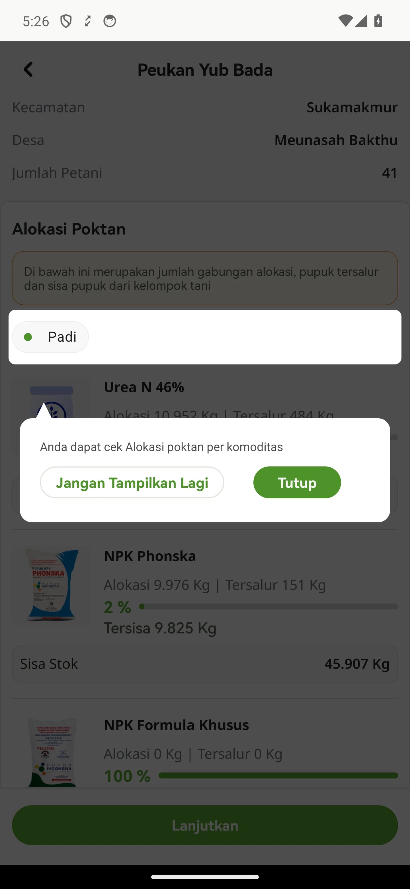 Petunjuk bahwa alokasi poktan dapat dicek per komoditas pada layar Detail Alokasi Poktan