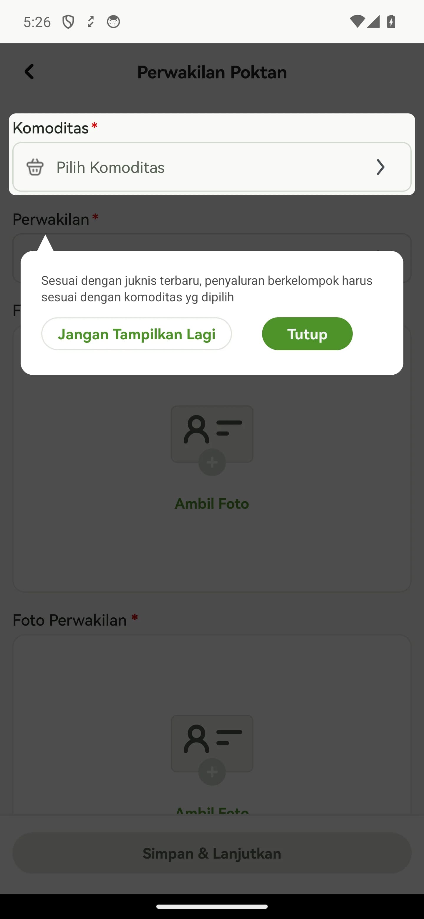 Petunjuk pada formulir Perwakilan Poktan dengan tombol Jangan Tampilkan Lagi dan Tutup