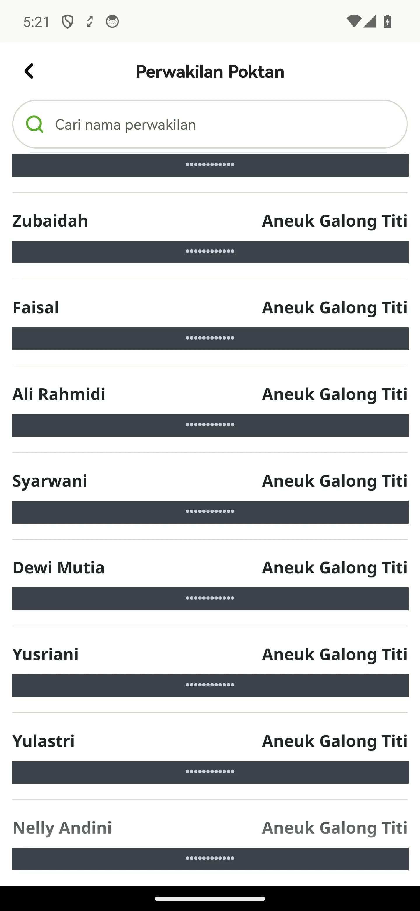 Daftar calon perwakilan beserta kolom pencarian; nama dan NIK anggota disamarkan