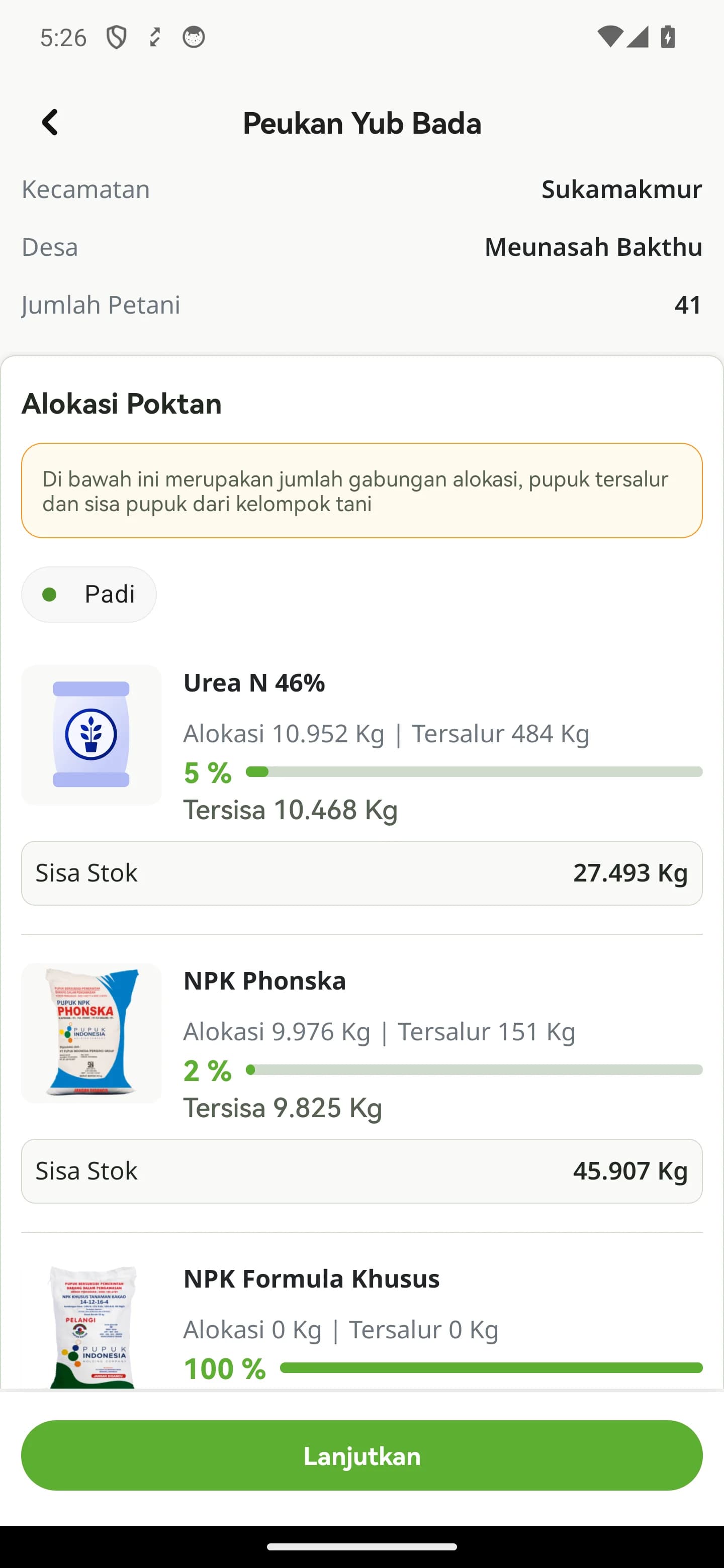 Detail Alokasi Poktan berisi kecamatan, desa, jumlah petani, serta alokasi, tersalur, dan sisa tiap produk