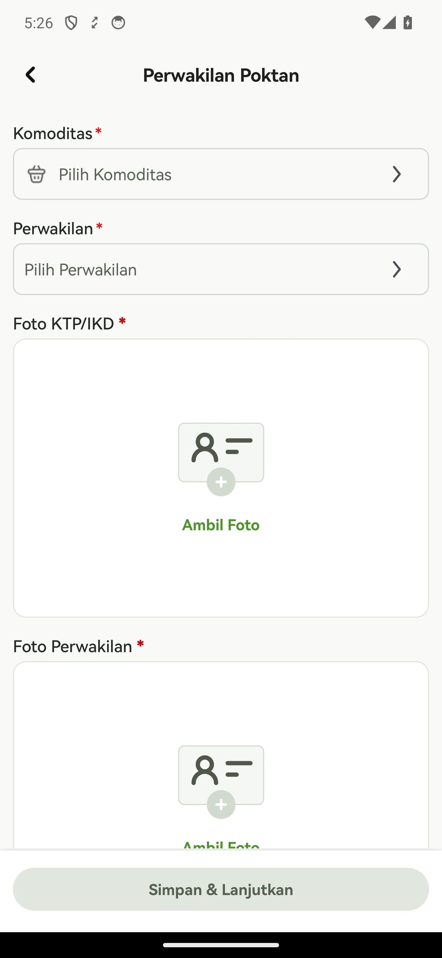 Formulir Perwakilan Poktan yang masih kosong: Komoditas, Perwakilan, Foto KTP/IKD, Foto Perwakilan, dan tombol Simpan & Lanjutkan