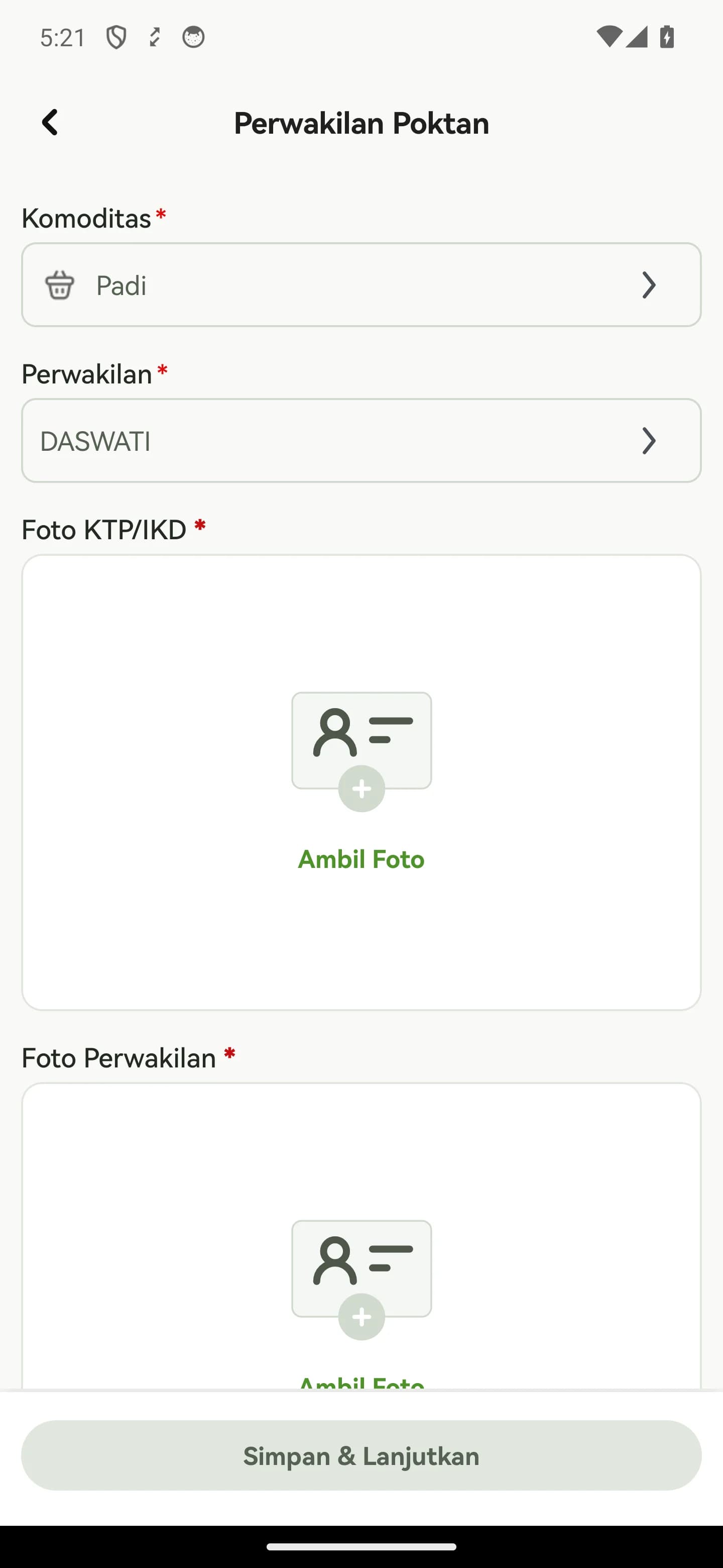 Formulir Perwakilan Poktan dengan komoditas dan perwakilan terisi serta tombol Ambil Foto KTP