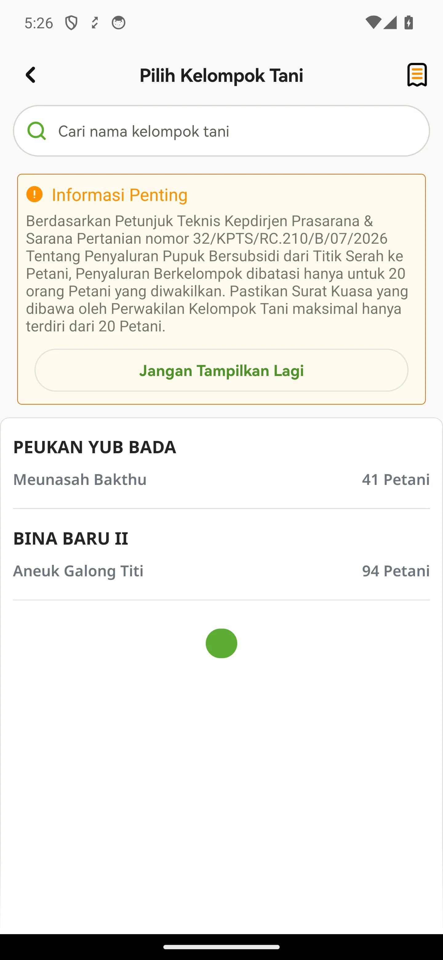 Layar Pilih Kelompok Tani dengan banner Informasi Penting batas 20 petani dan daftar poktan