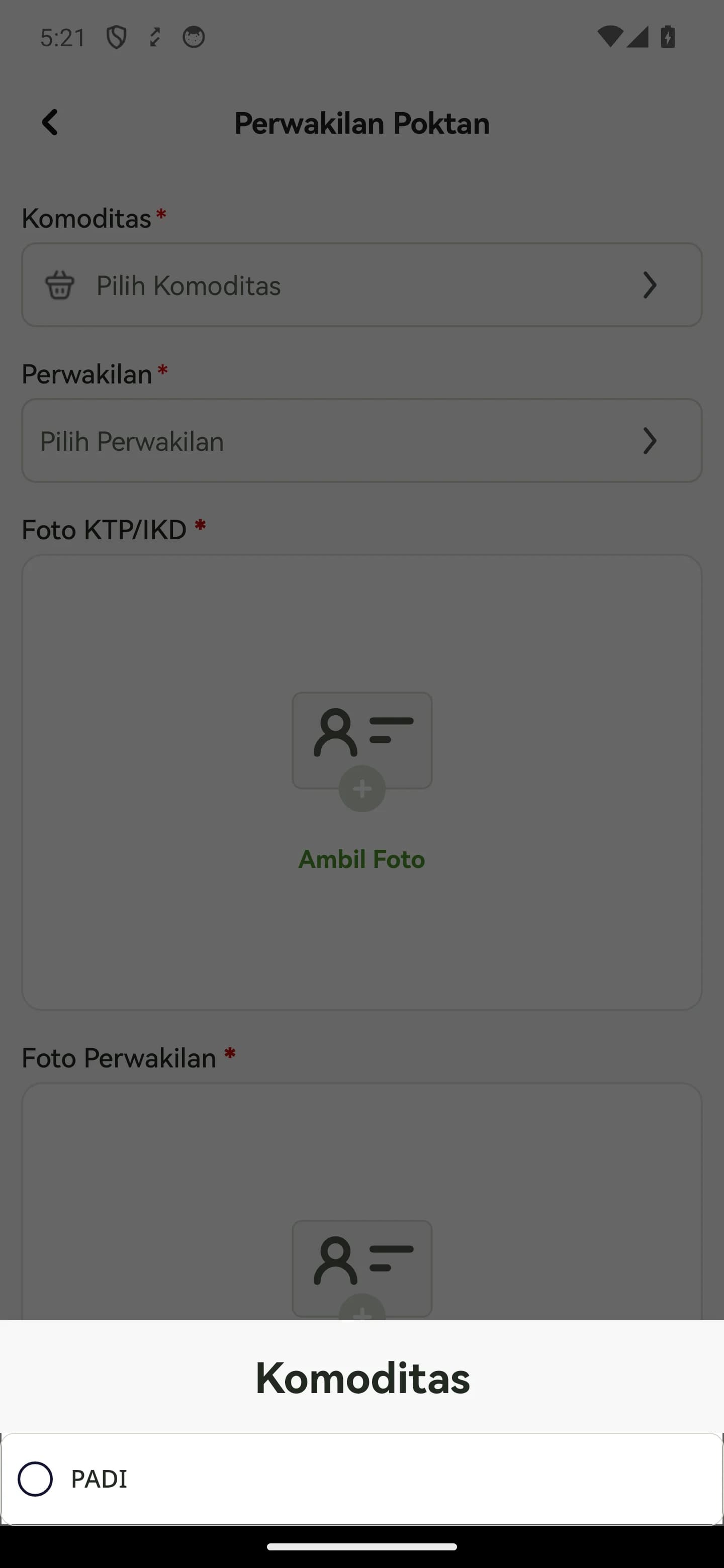 Lembar pilihan komoditas pada formulir Perwakilan Poktan