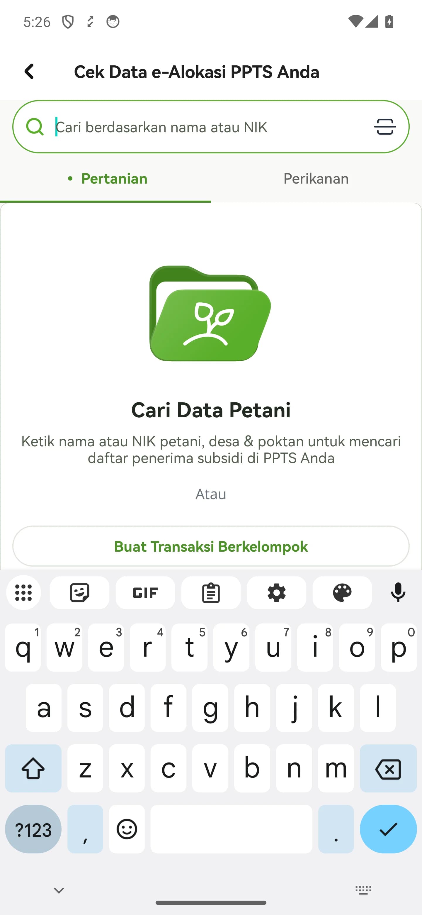 Layar pencarian e-Alokasi dengan tombol Buat Transaksi Berkelompok di bawah kolom pencarian