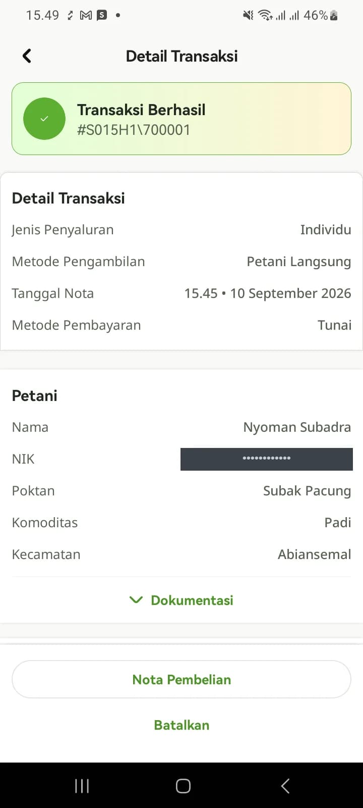 Detail Transaksi berisi Jenis Penyaluran Individu, Metode Pengambilan Petani Langsung, dan produknya