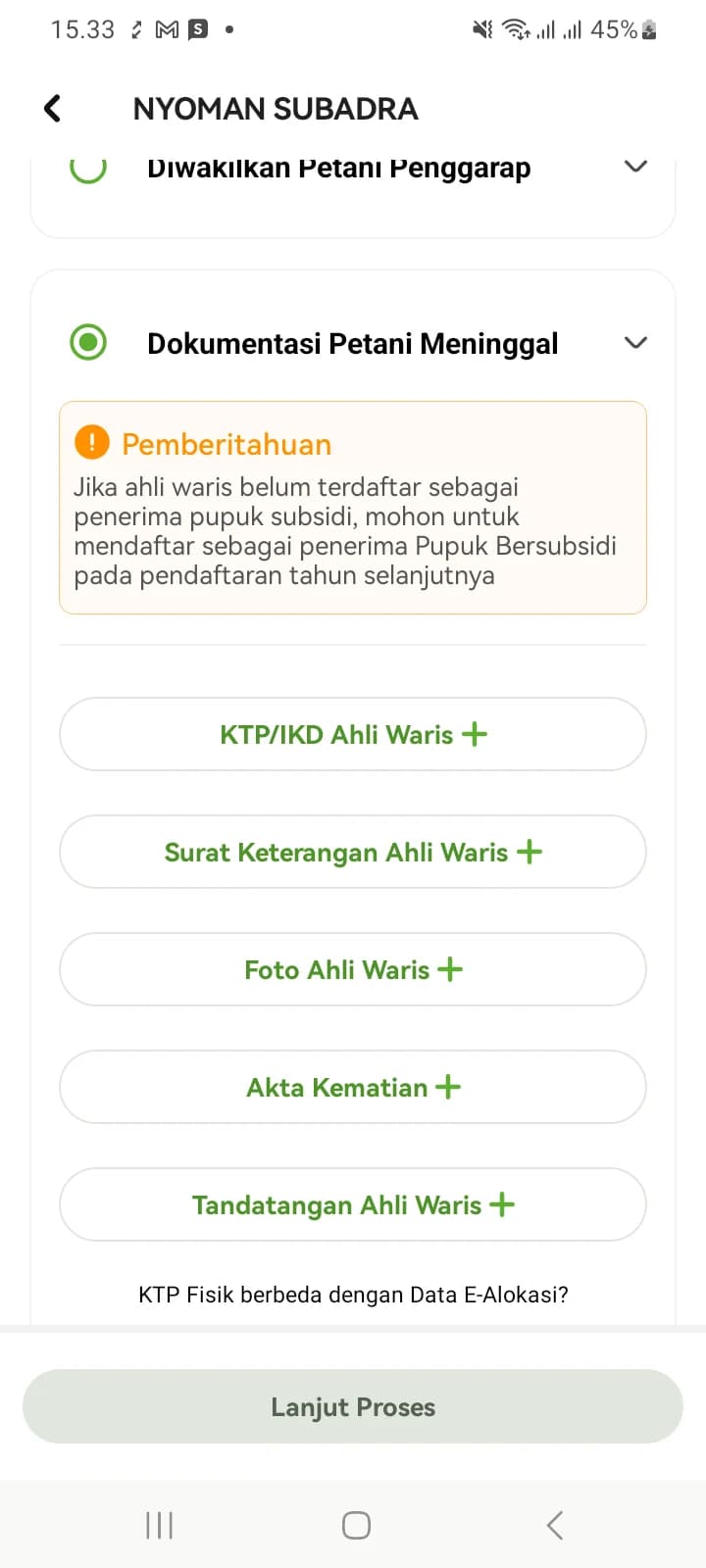 Daftar dokumen ahli waris beserta kotak Pemberitahuan pendaftaran ahli waris