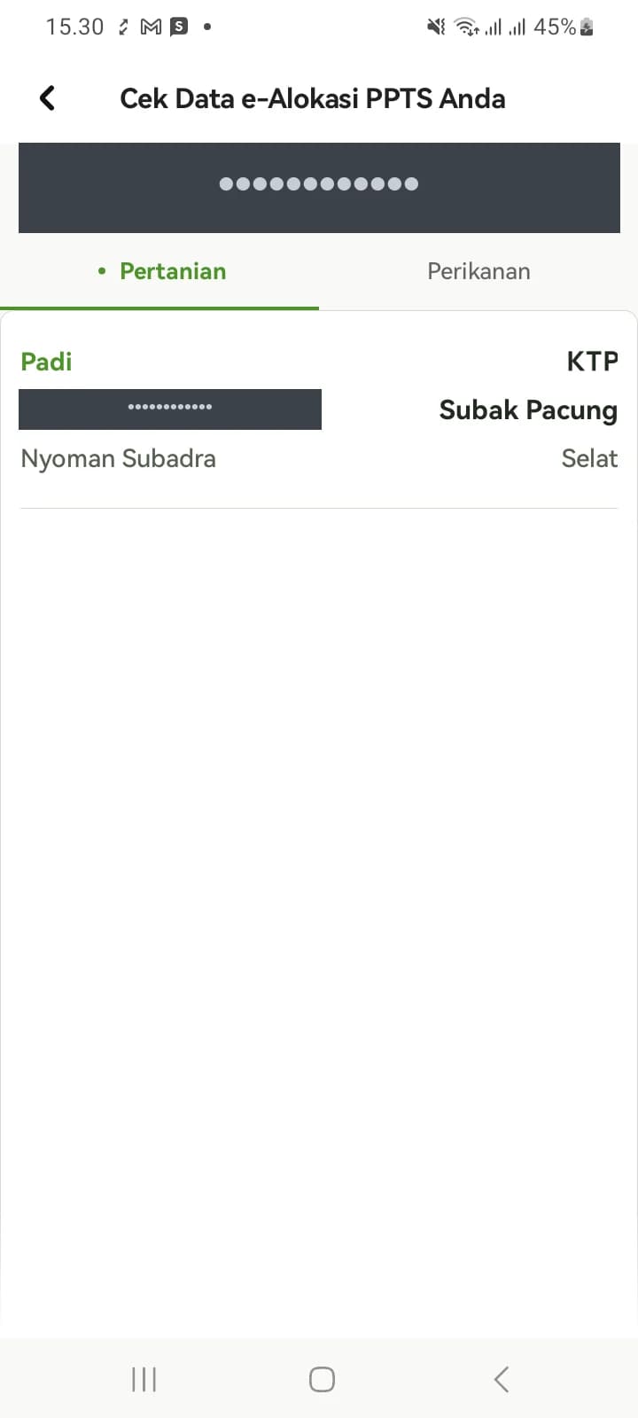 Hasil pencarian menampilkan kartu petani beserta komoditas, poktan, dan desa