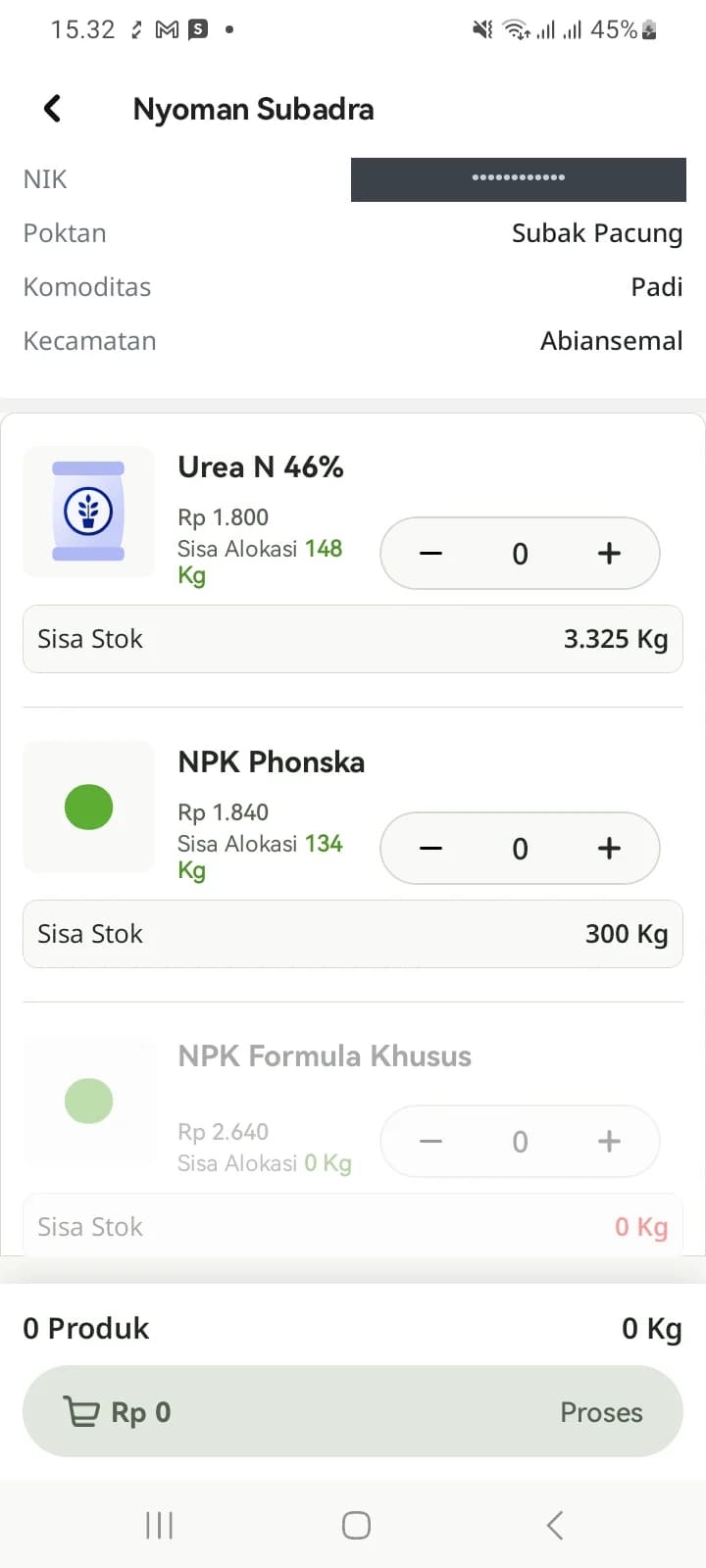 Layar input produk dengan HET, Sisa Alokasi, kolom jumlah, dan Sisa Stok tiap produk