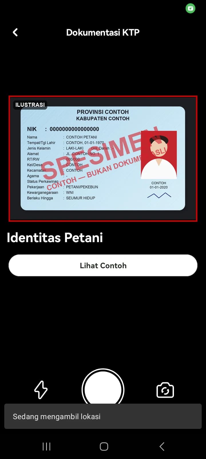Kamera dokumentasi KTP dengan kerangka kartu dan tombol Lihat Contoh