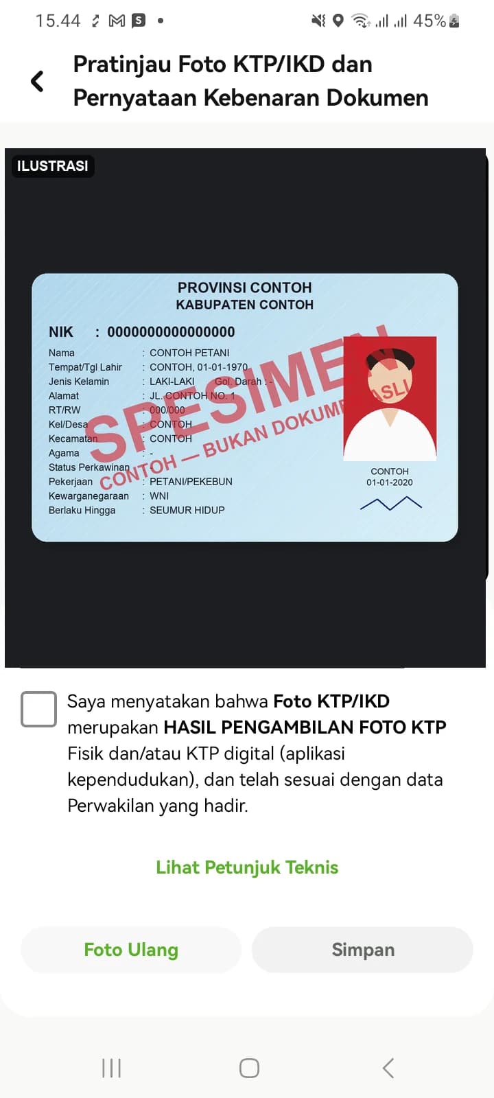 Layar pratinjau foto KTP dengan Pernyataan Kebenaran Dokumen, Foto Ulang, dan Simpan