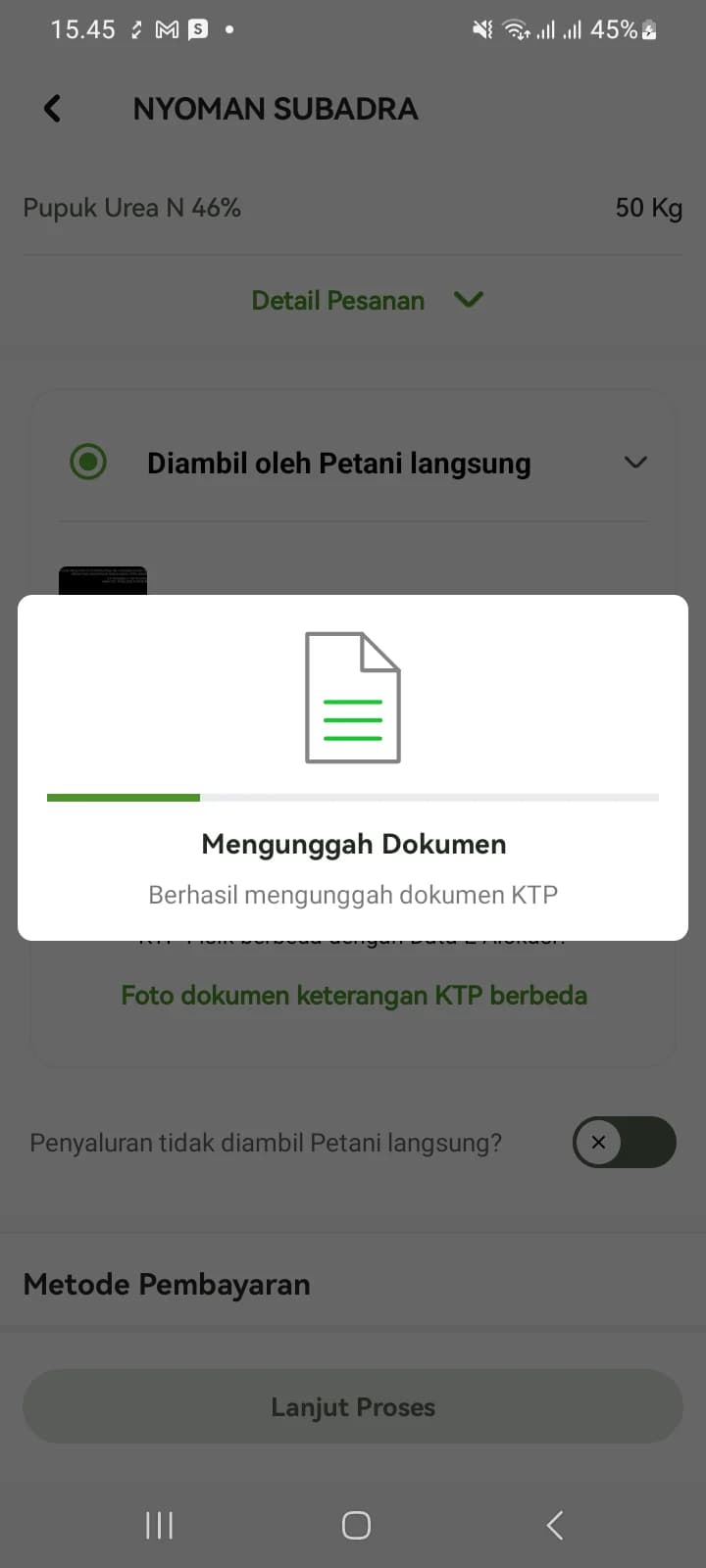 Dialog Mengunggah Dokumen saat foto dan tanda tangan dikirim ke server