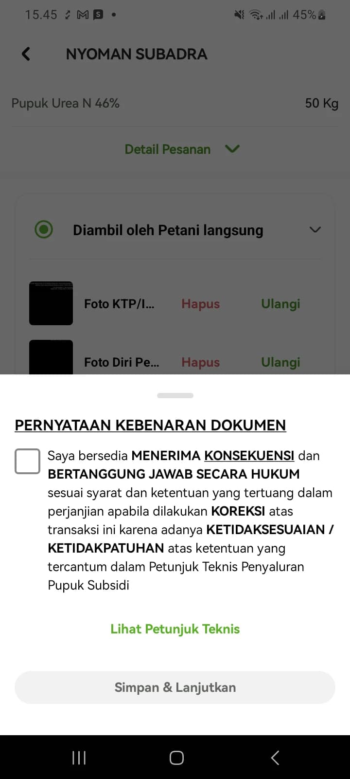 Lembar Pernyataan Kebenaran Dokumen dengan tombol Simpan dan Lanjutkan
