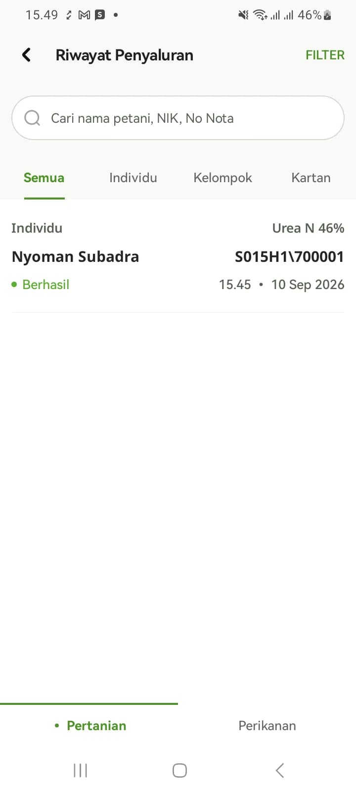 Riwayat Penyaluran dengan penyaring, kolom pencarian, dan tab Semua sampai Kartan