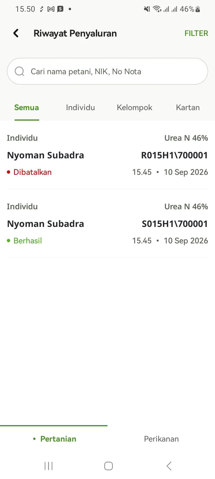 Riwayat memuat dua baris: nota asli berstatus Berhasil dan catatan pembatalan berstatus Dibatalkan