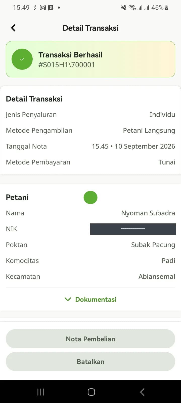 Detail Transaksi berstatus Transaksi Berhasil dengan tombol Batalkan di bagian bawah