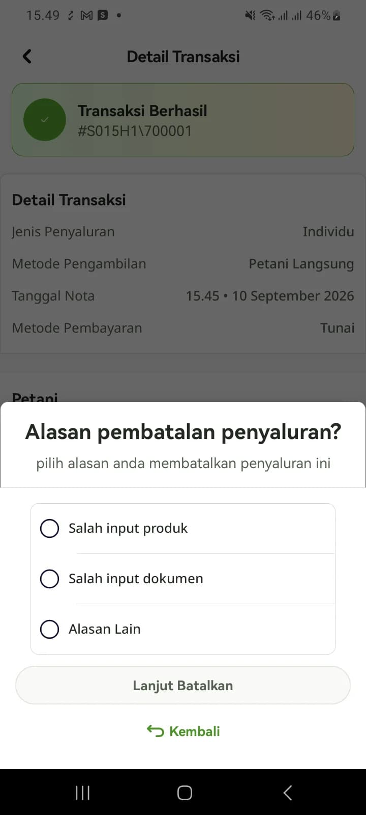 Lembar Alasan pembatalan penyaluran dengan tiga pilihan alasan