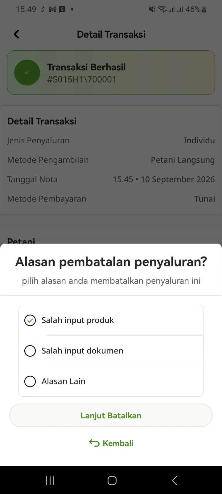 Alasan pembatalan dipilih sehingga tombol Lanjut Batalkan siap ditekan