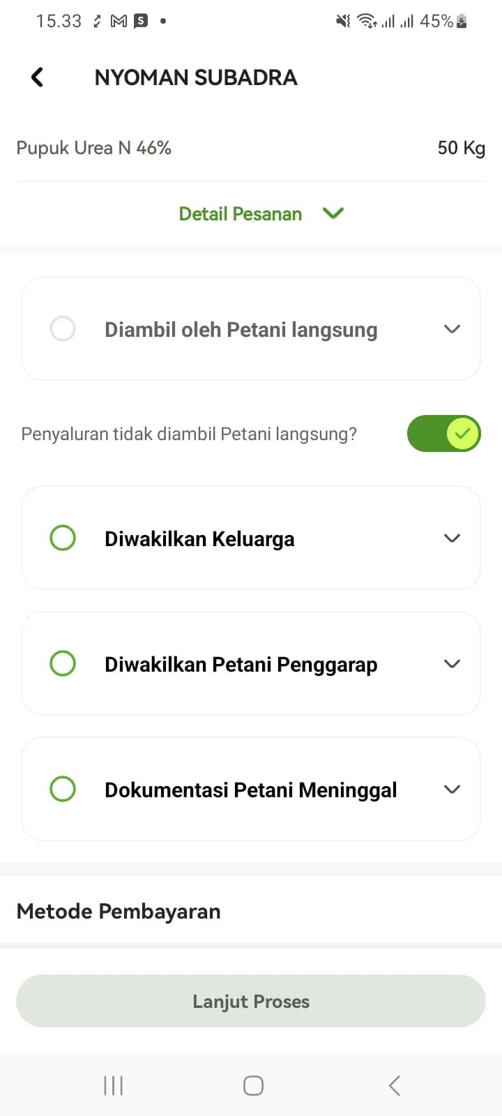 Sakelar Penyaluran tidak diambil Petani langsung aktif sehingga tiga pilihan perwakilan tampil