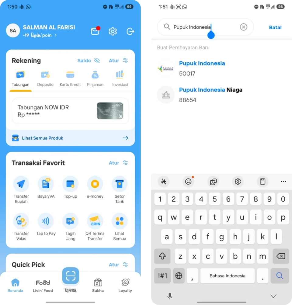 Contoh pencarian Pupuk Indonesia melalui menu Bayar/VA di aplikasi bank
